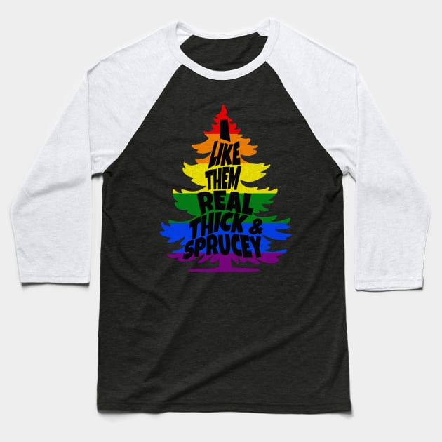 Funny Rainbow LGBTQ Gay Christmas Tree Baseball T-Shirt by Cosmic Dust Art